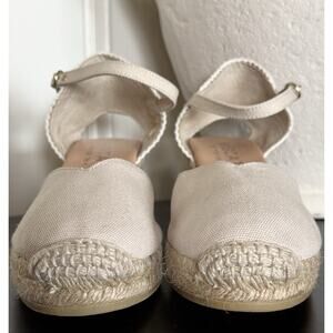 Viscata Reus Canvas Espadrille Wedges Size 39 8 Beige Ankle Strap Sandals Heels